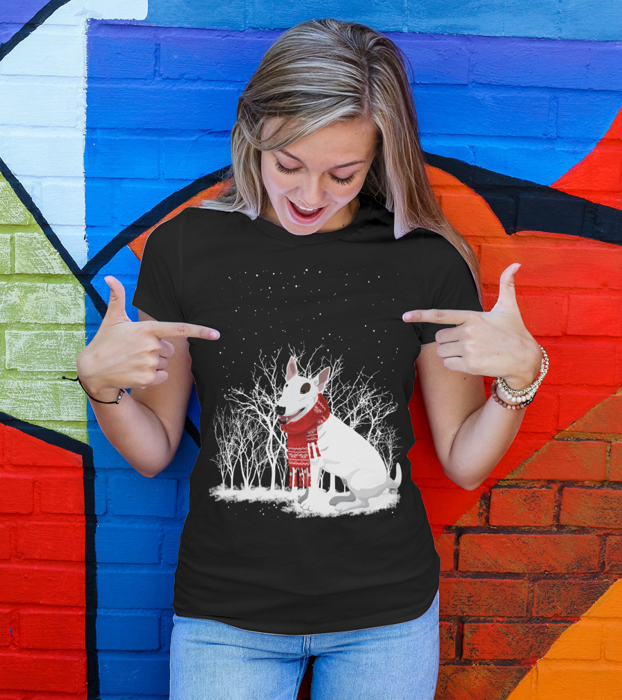 Winter Bullterrier Red Scarf Snowy Forest T-Shirt