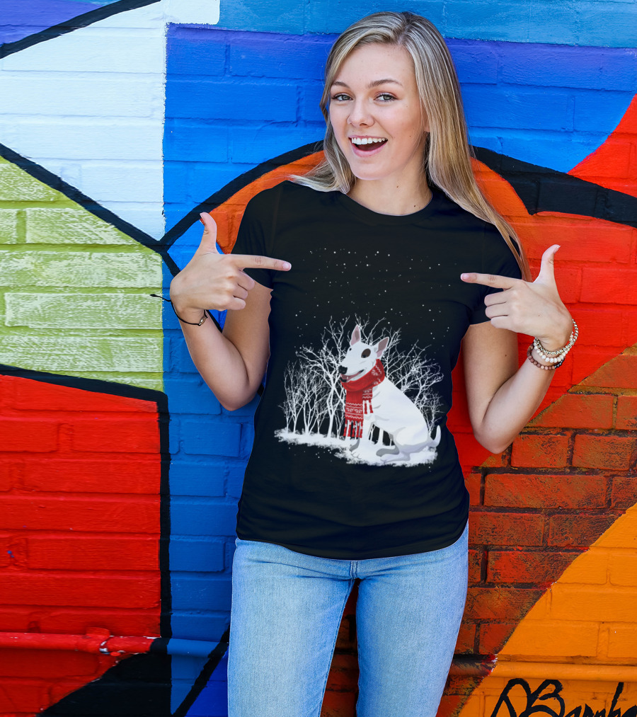 Winter Bullterrier Red Scarf Snowy Forest T-Shirt