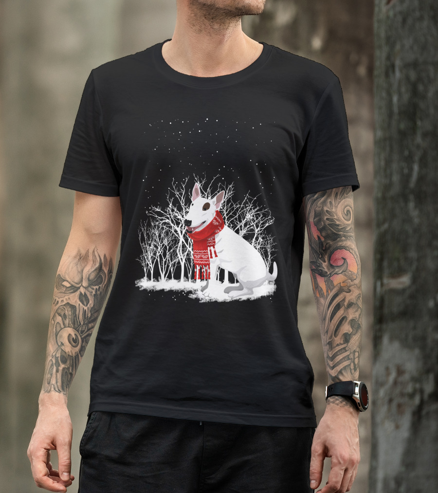 Winter Bullterrier Red Scarf Snowy Forest T-Shirt