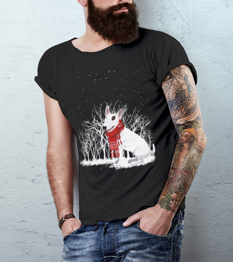 Winter Bullterrier Red Scarf Snowy Forest T-Shirt