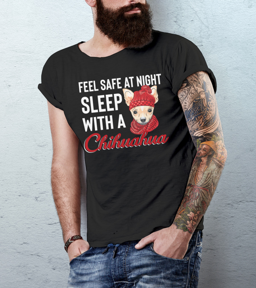 Feel Safe At Night Sleep With A Chihuahua Wearing Cozy Red Knitted Hat And Scarf T-Shirt