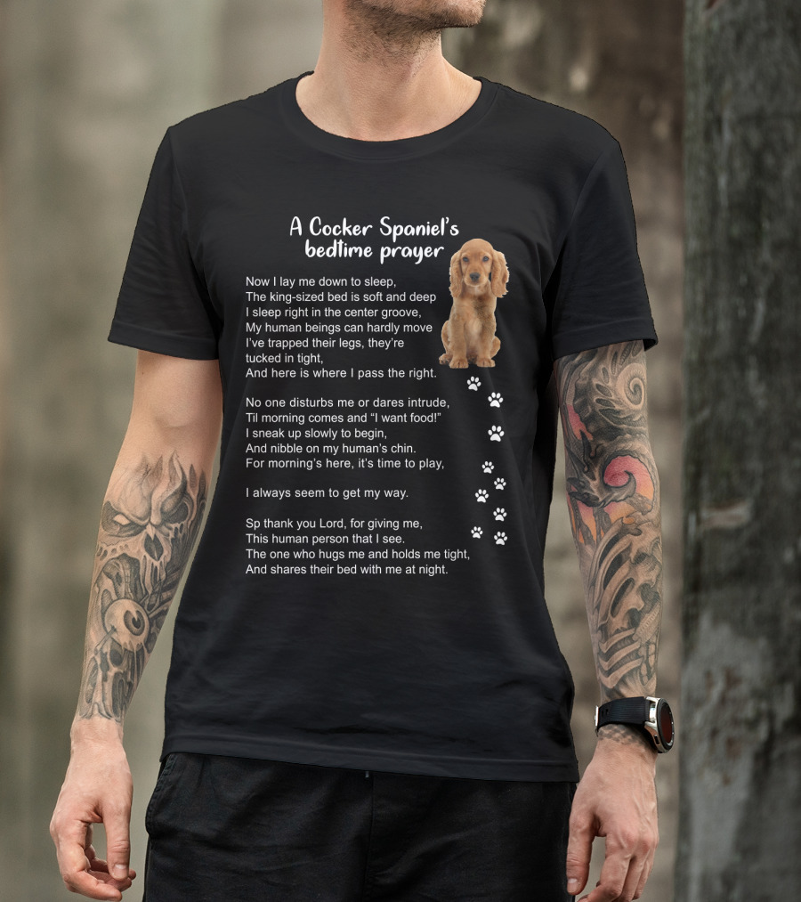 A Cocker Spaniel's Bedtime Prayer With Sleeping Dog And Paw Prints In Soft Light Brown T-Shirt