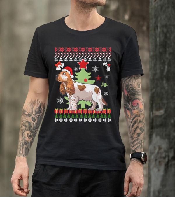 Christmas Cocker Spaniel Santa Hat Snowflakes Christmas Tree T-Shirt