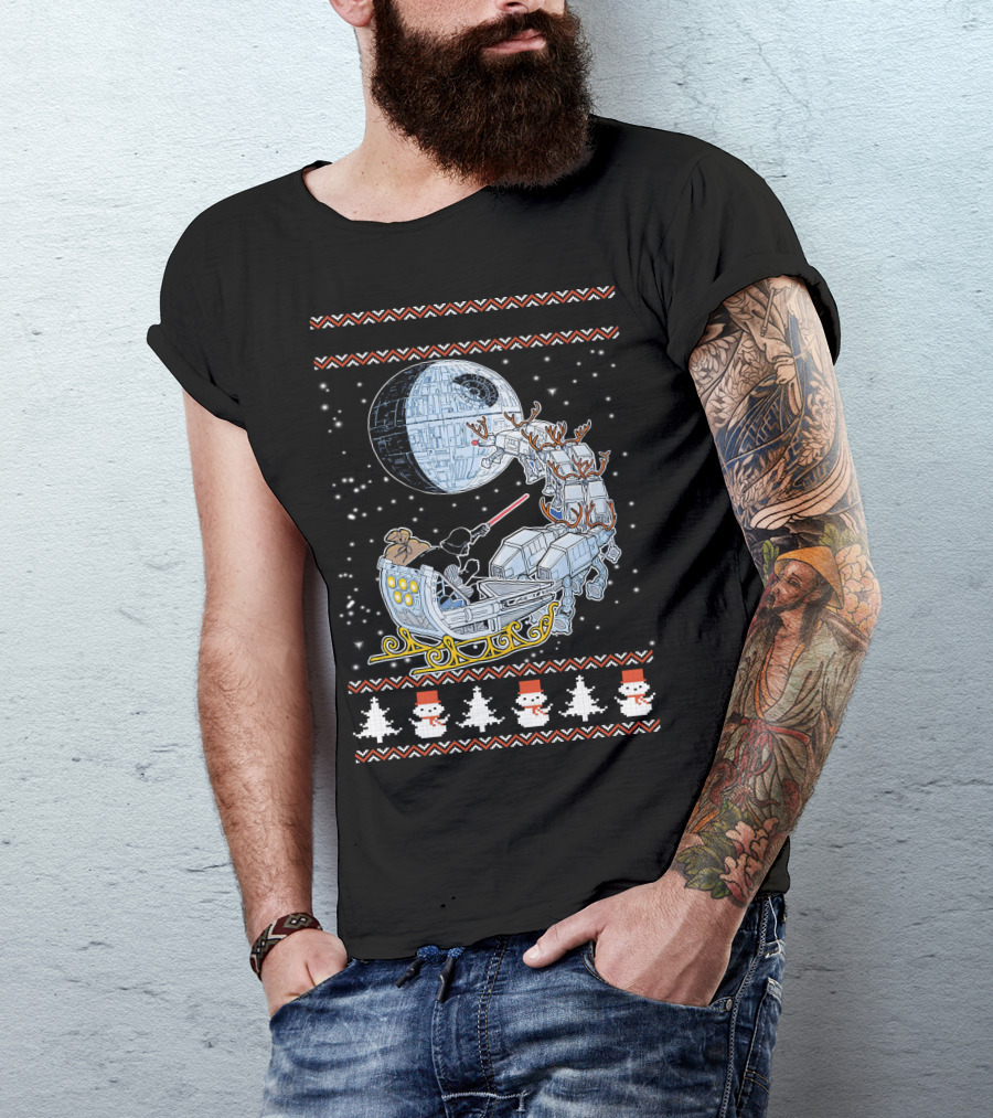 Death Star Christmas Night With Vader Sleigh And AT-AT Reindeer T-Shirt