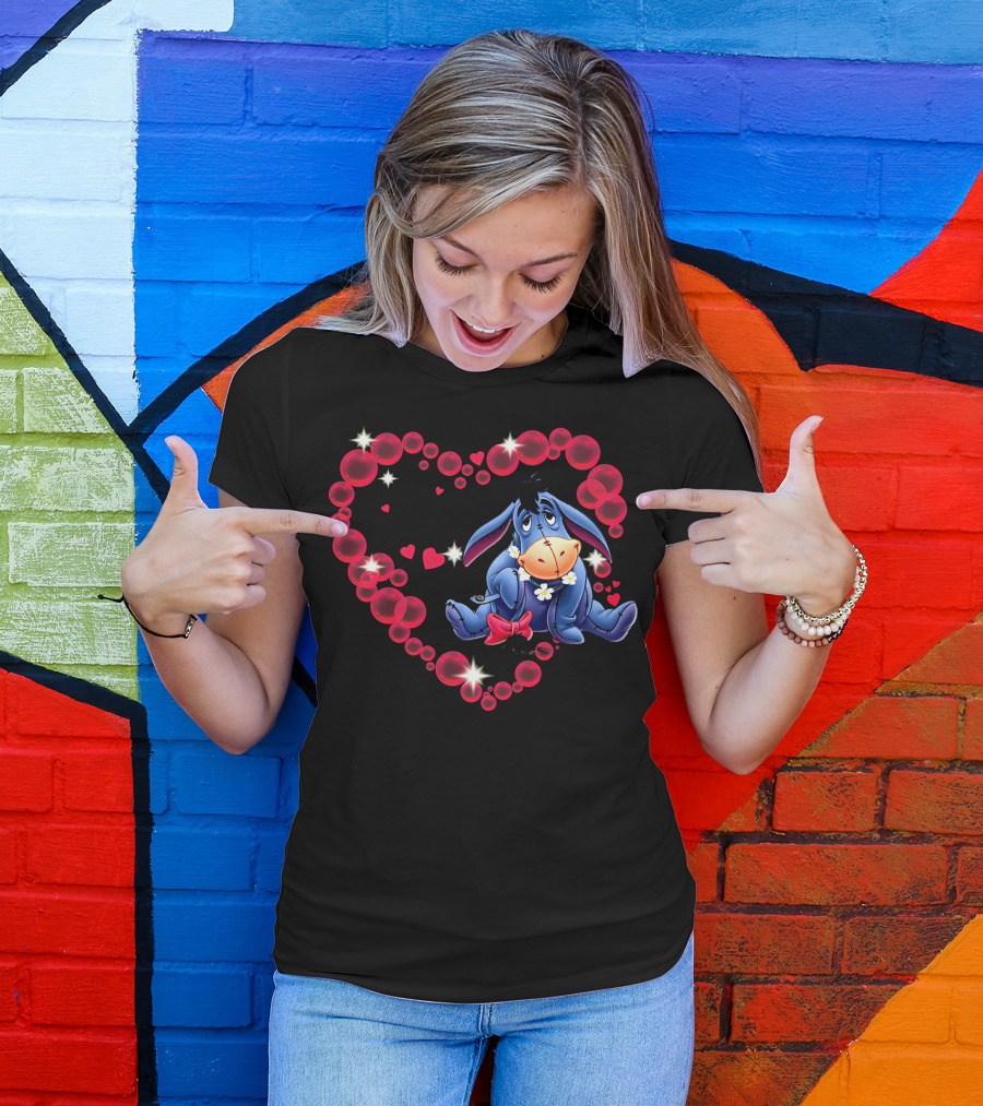 Eeyore Surrounded By Heart-Shaped Bubbles And Flowers T-Shirt