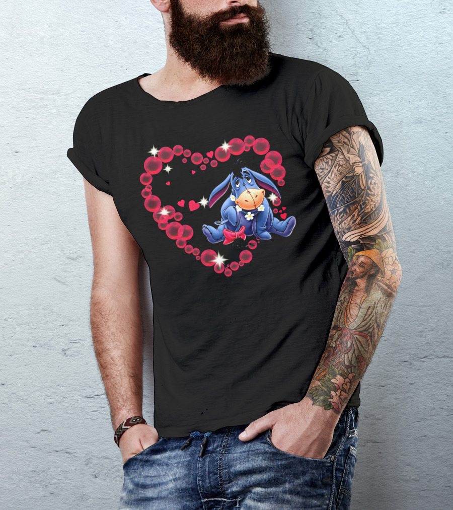 Eeyore Surrounded By Heart-Shaped Bubbles And Flowers T-Shirt