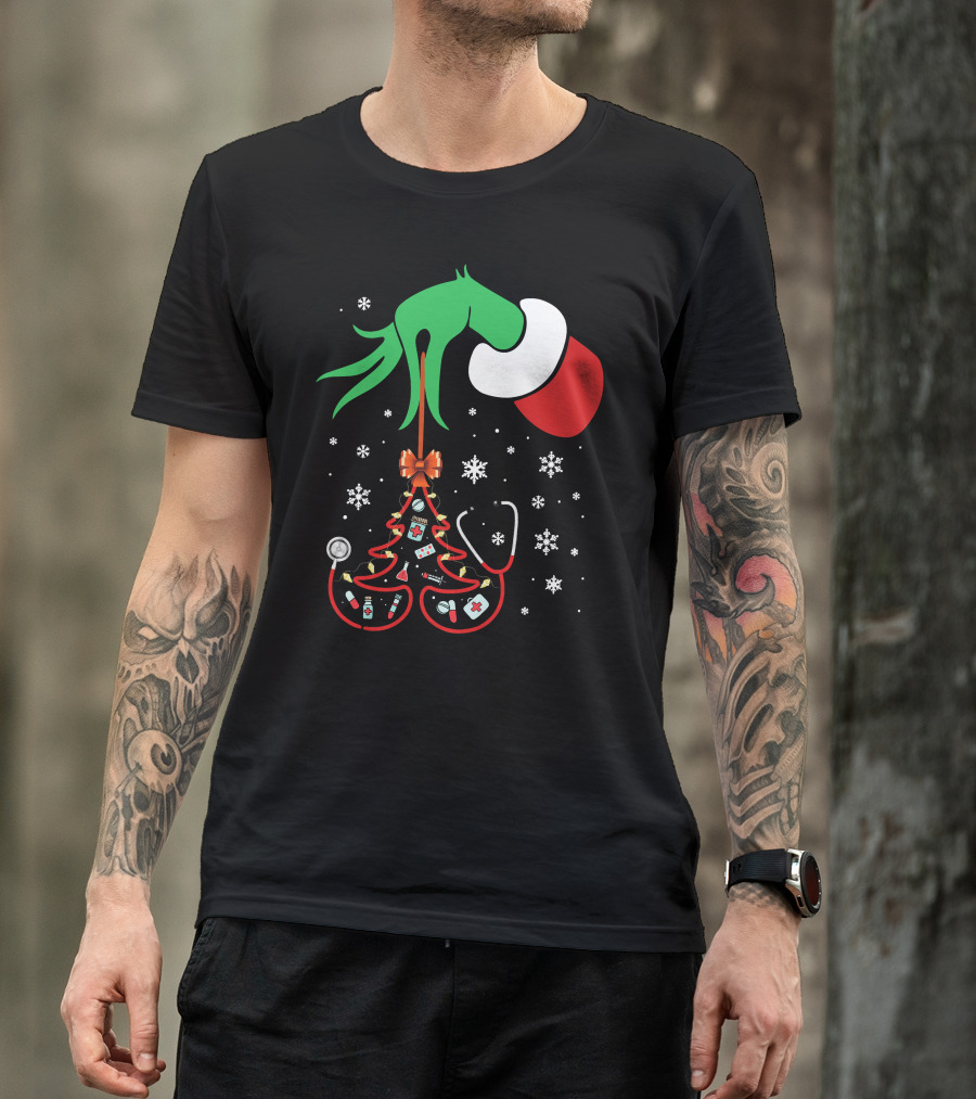 Grinch Hand Holding Nurse Themed Christmas Tree With Medical Icons T-Shirt