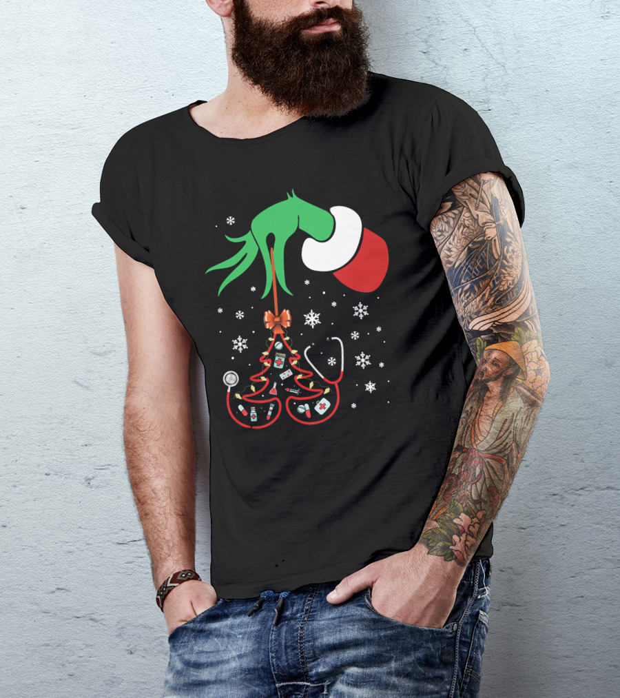 Grinch Hand Holding Nurse Themed Christmas Tree With Medical Icons T-Shirt