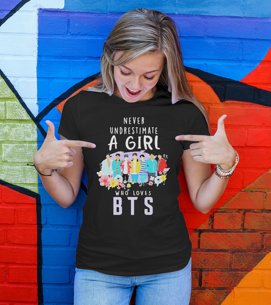 Never Underestimate A Girl Who Loves BTS Floral Watercolor Band T-Shirt