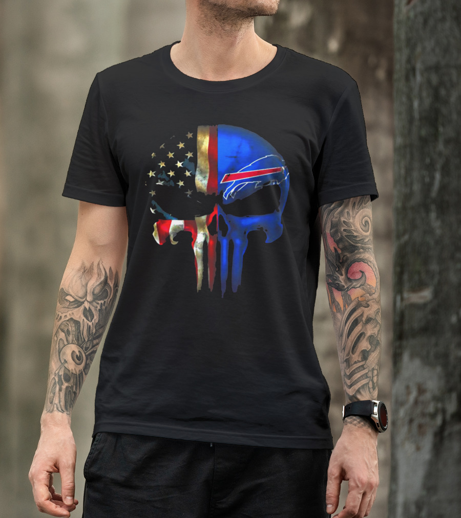 Skull Buffalo Bills American Flag Punisher NFL Logo Stars Stripes T-Shirt