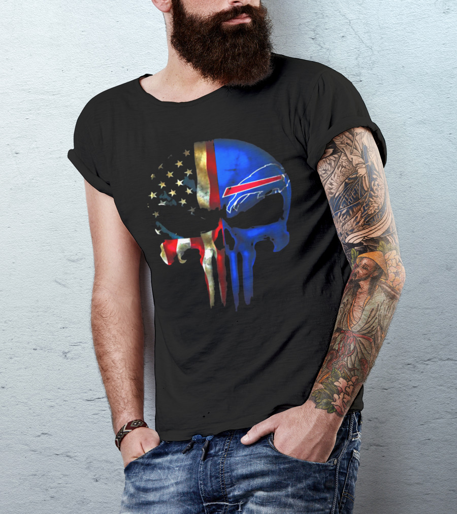 Skull Buffalo Bills American Flag Punisher NFL Logo Stars Stripes T-Shirt