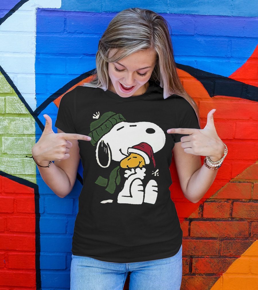 Snoopy Hugging Woodstock Winter Hat Scarf Christmas T-Shirt