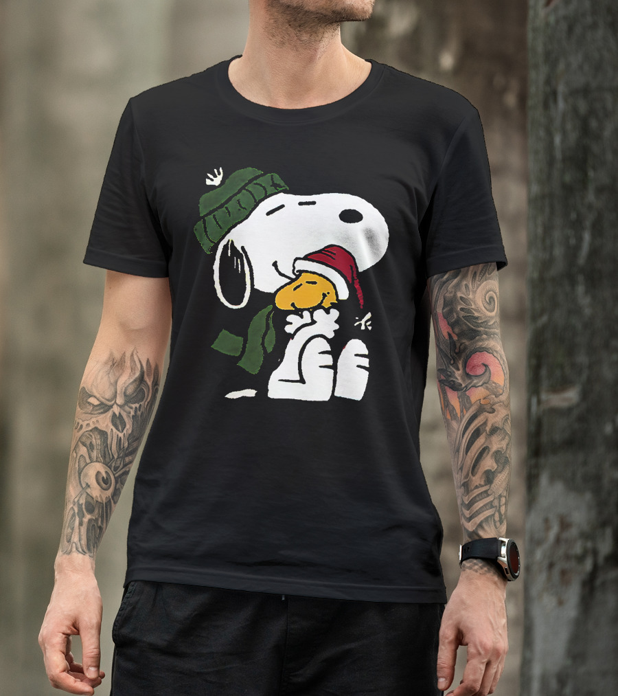 Snoopy Hugging Woodstock Winter Hat Scarf Christmas T-Shirt