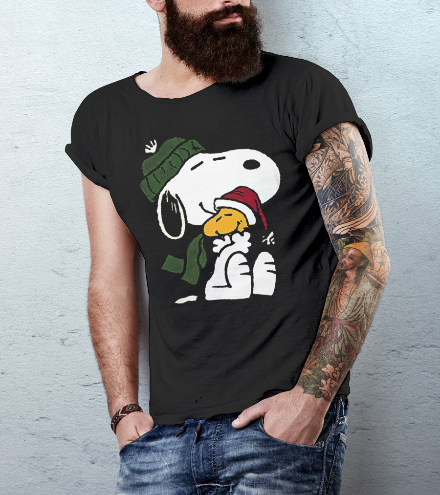 Snoopy Hugging Woodstock Winter Hat Scarf Christmas T-Shirt