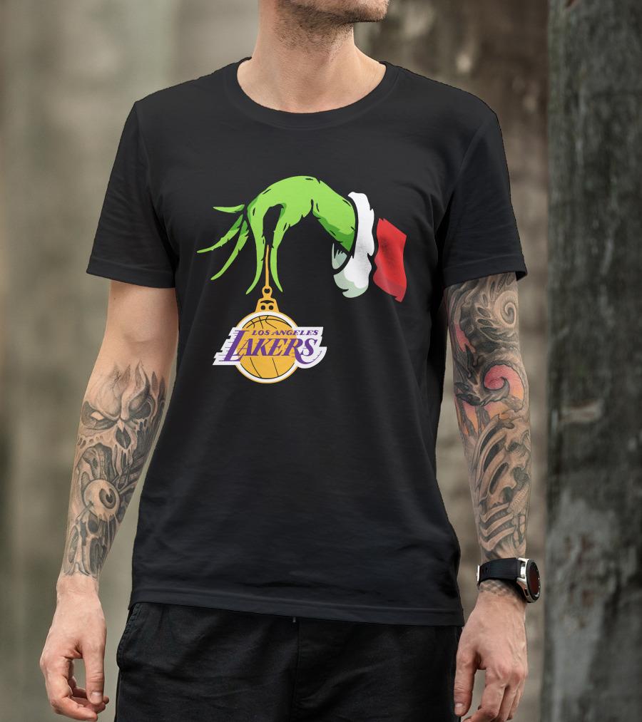 Grinch Hand With Santa Sleeve Holding Los Angeles Lakers T-Shirt