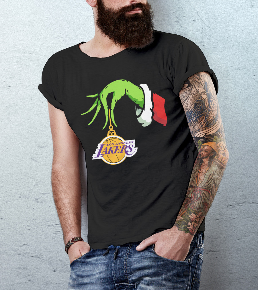 Grinch Hand With Santa Sleeve Holding Los Angeles Lakers T-Shirt