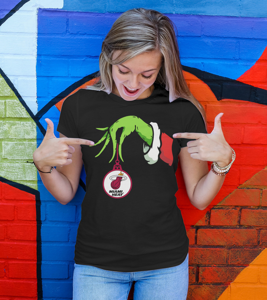Grinch Hand With Miami Heat Ornament Holiday Sports T-Shirt