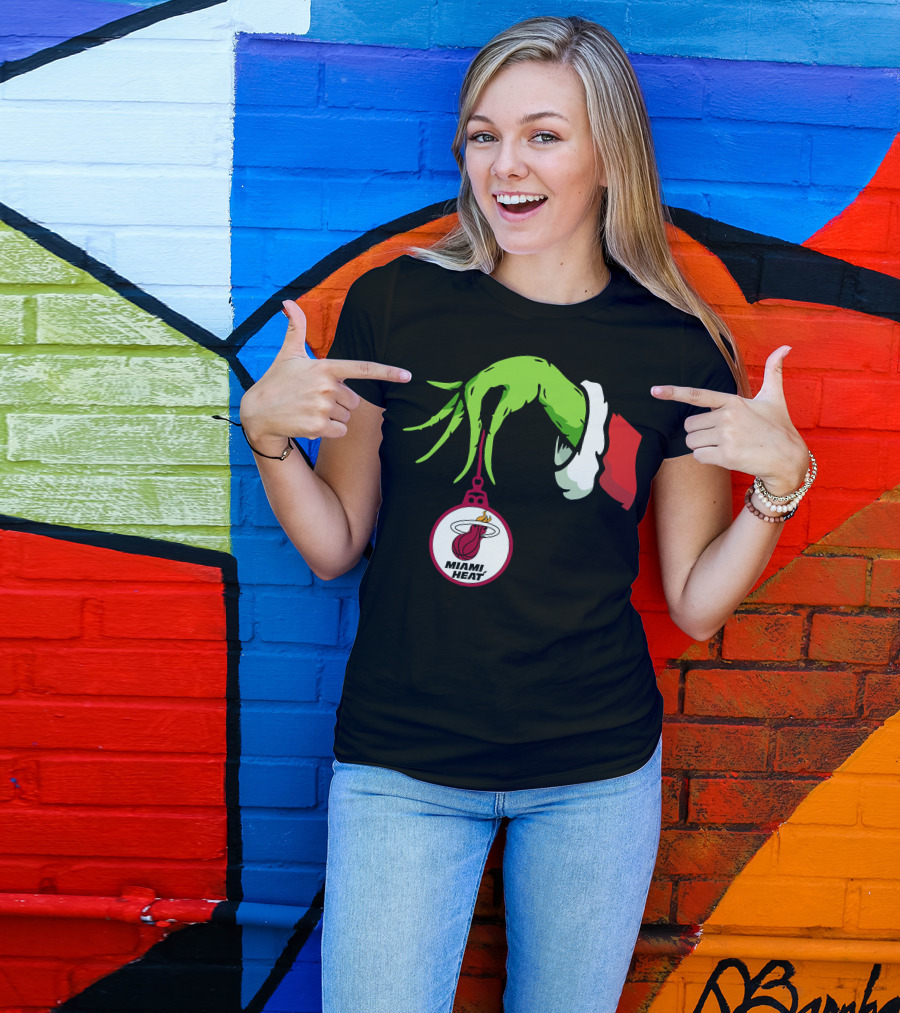 Grinch Hand With Miami Heat Ornament Holiday Sports T-Shirt