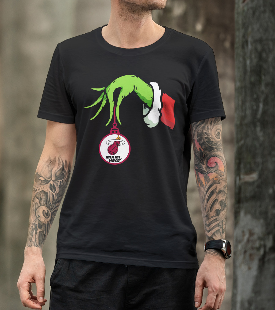 Grinch Hand With Miami Heat Ornament Holiday Sports T-Shirt