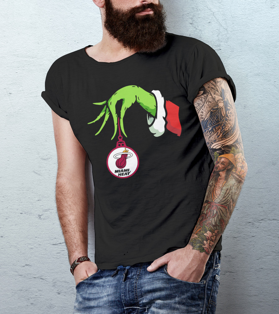 Grinch Hand With Miami Heat Ornament Holiday Sports T-Shirt
