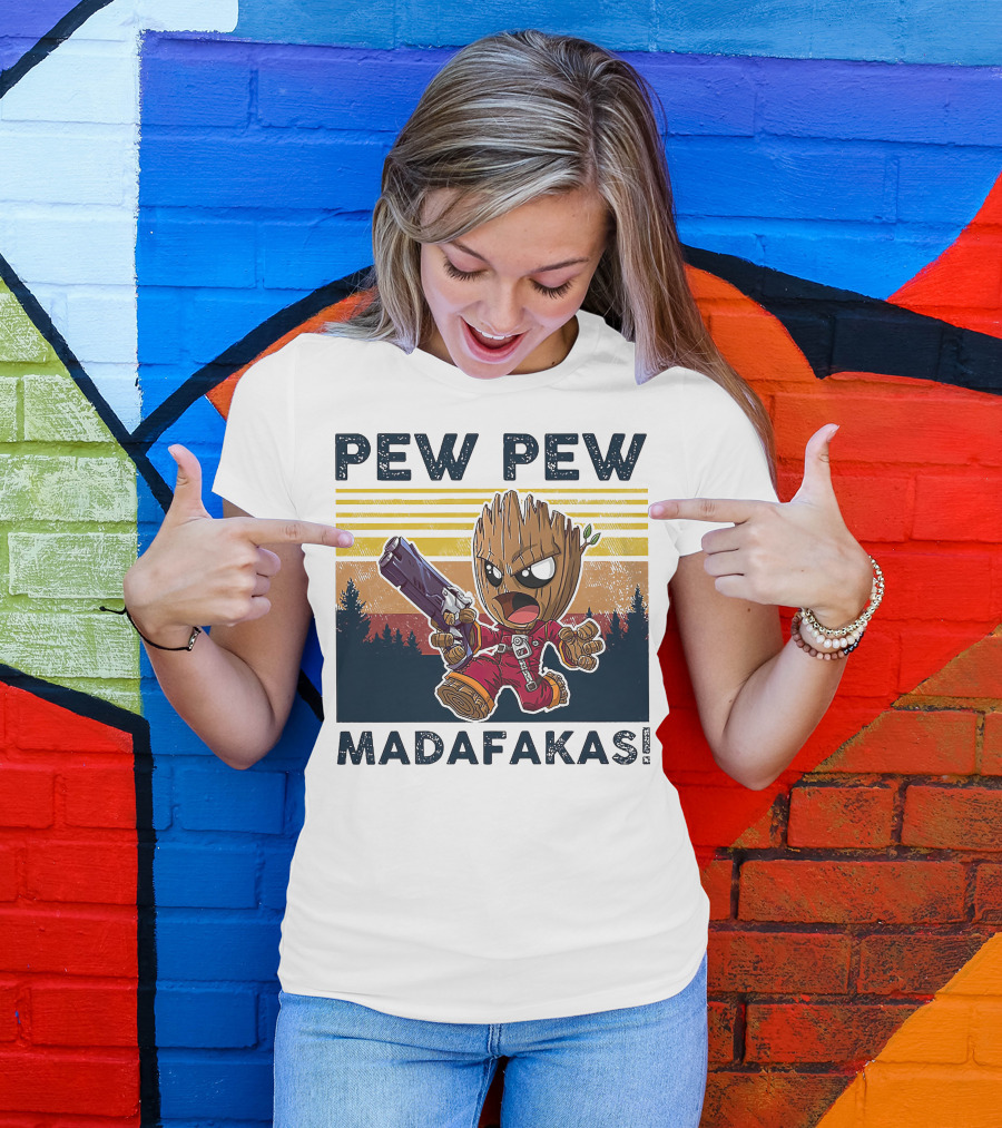 Pew Pew Madafakas Baby Groot Retro Forest Background T-Shirt