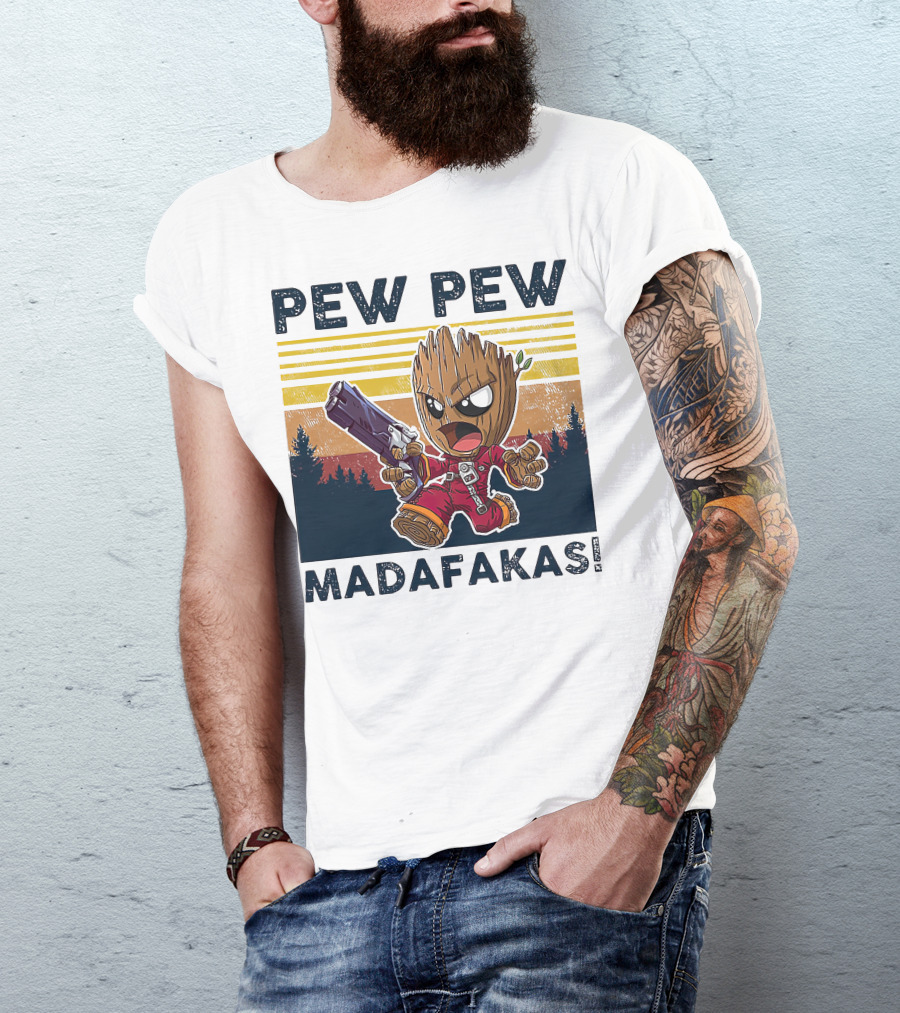 Pew Pew Madafakas Baby Groot Retro Forest Background T-Shirt