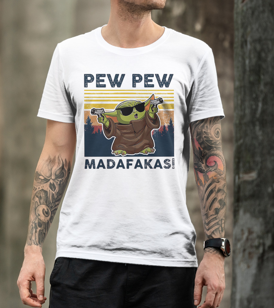 Pew Pew Madafakas Baby Yoda Retro Forest Sunset T-Shirt