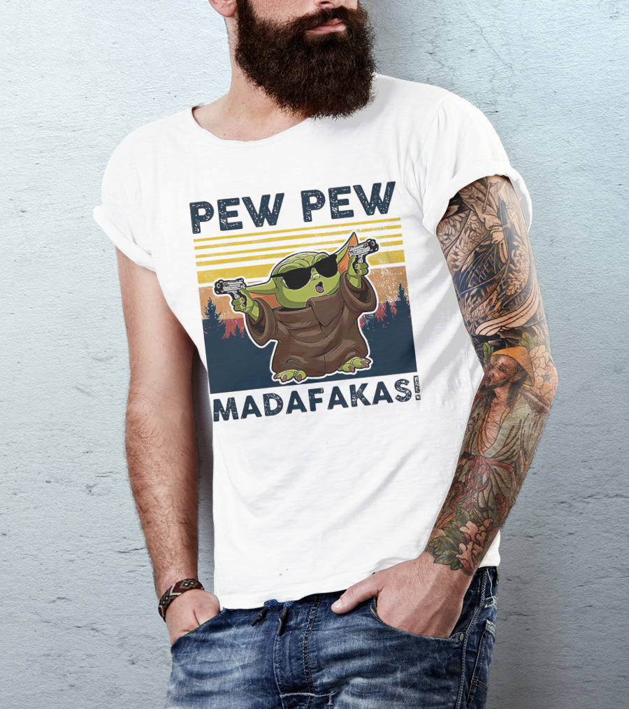 Pew Pew Madafakas Baby Yoda Retro Forest Sunset T-Shirt