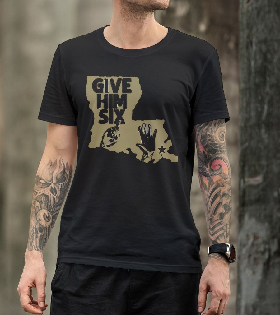 Give Him Six Louisiana Map With Football Gloves Star T-Shirt