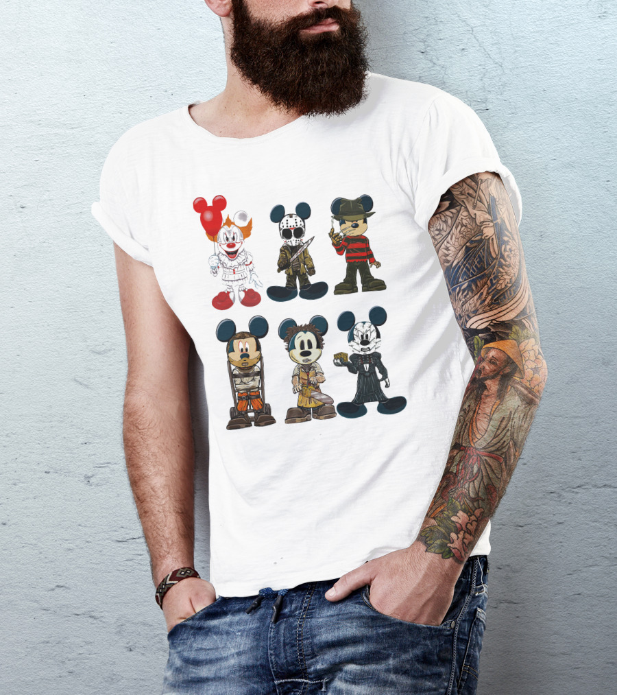 Halloween Horror Characters Mickey Mouse Pennywise Jason Freddy Chucky Leatherface Pinhead T-Shirt