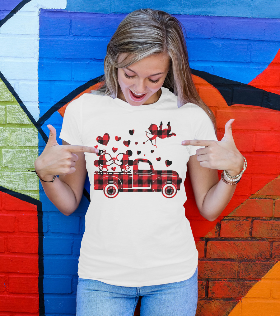 Buffalo Plaid Mickey Minnie Kissing In Truck With Hearts And Cupid Valentine T-Shirt
