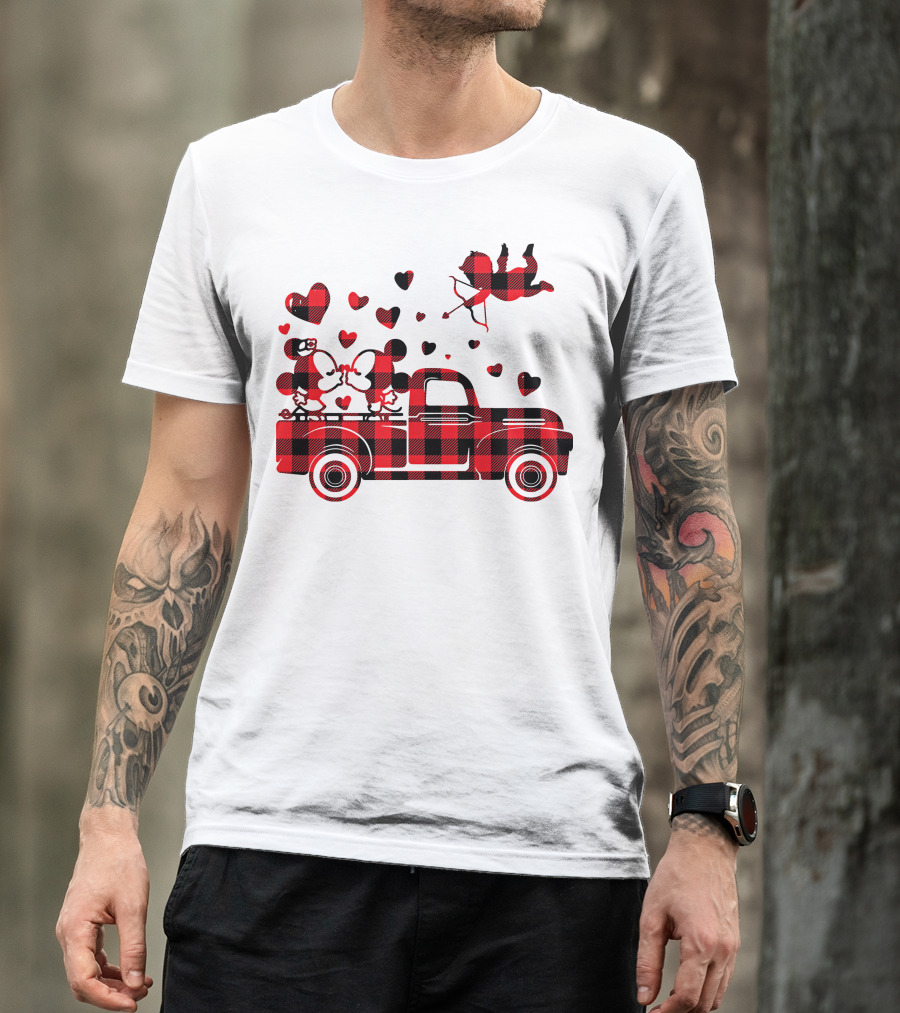 Buffalo Plaid Mickey Minnie Kissing In Truck With Hearts And Cupid Valentine T-Shirt