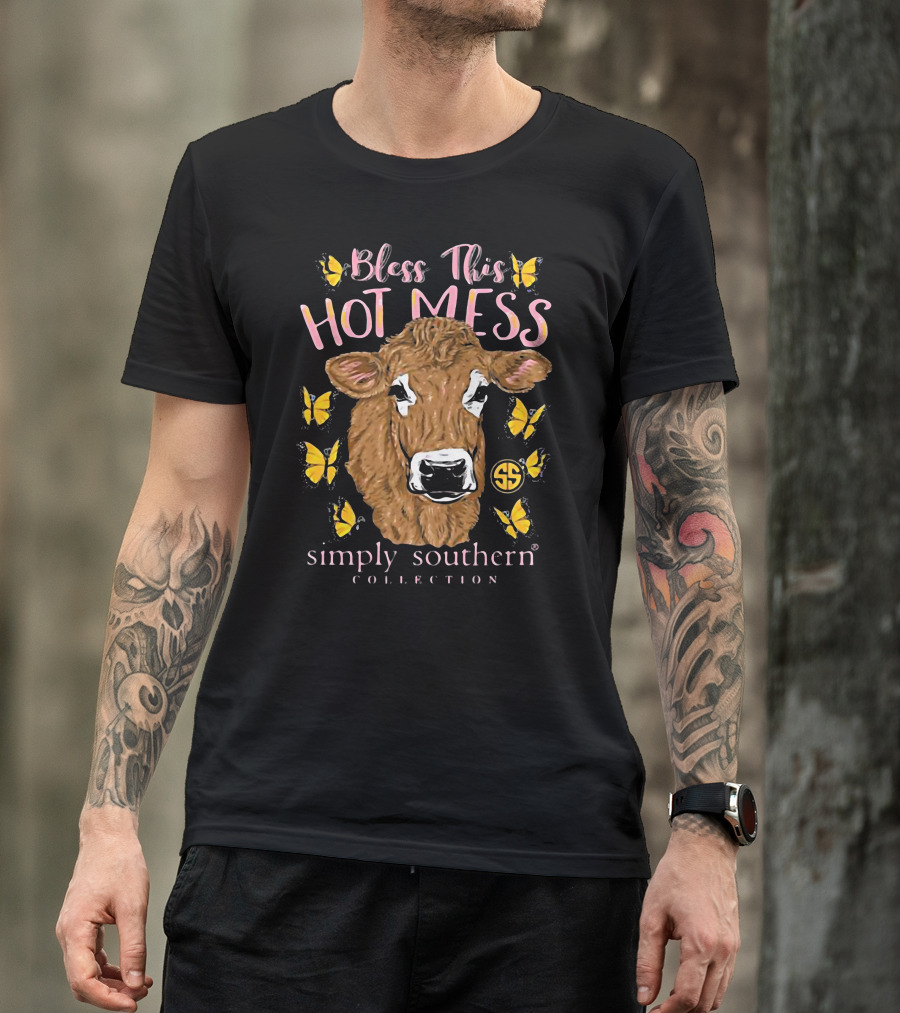Bless This Hot Mess Simply Southern Collection Cow And Butterflies T-Shirt
