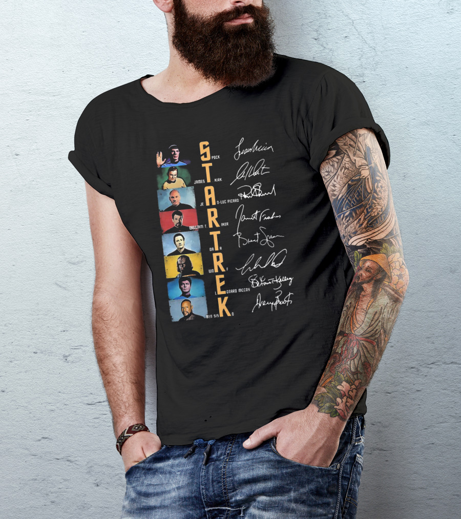 Star Trek Spock James Kirk Picard William T Riker Worf Leonard McCoy Ben Sisko Signatures T-Shirt