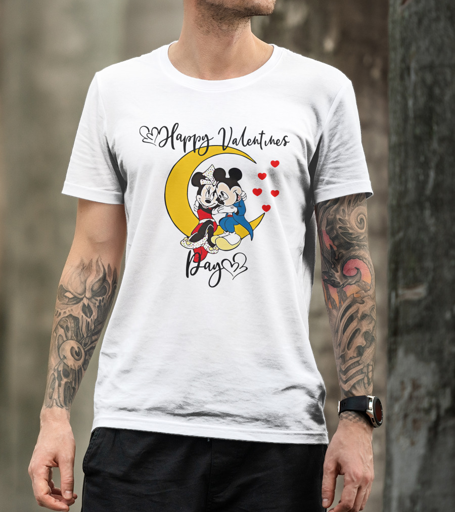 Happy Valentines Day Mickey Mouse And Minnie Mouse Cuddling On Crescent Moon With Hearts T-Shirt