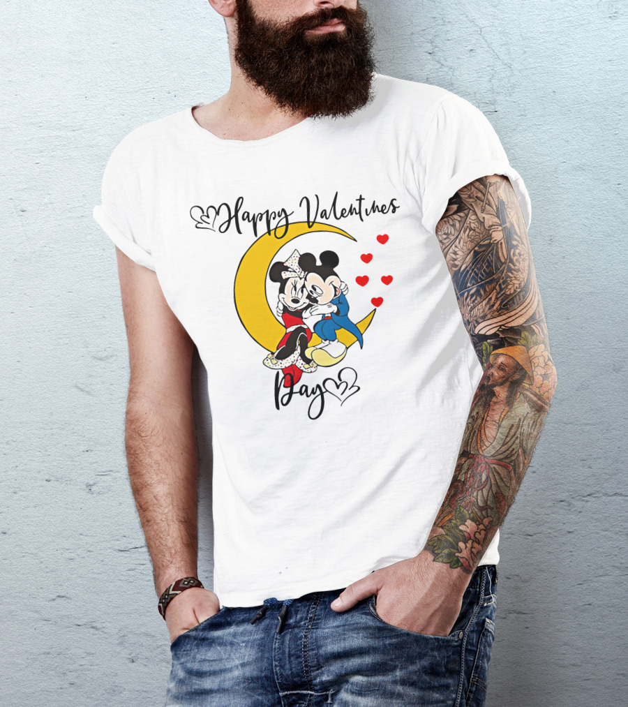 Happy Valentines Day Mickey Mouse And Minnie Mouse Cuddling On Crescent Moon With Hearts T-Shirt