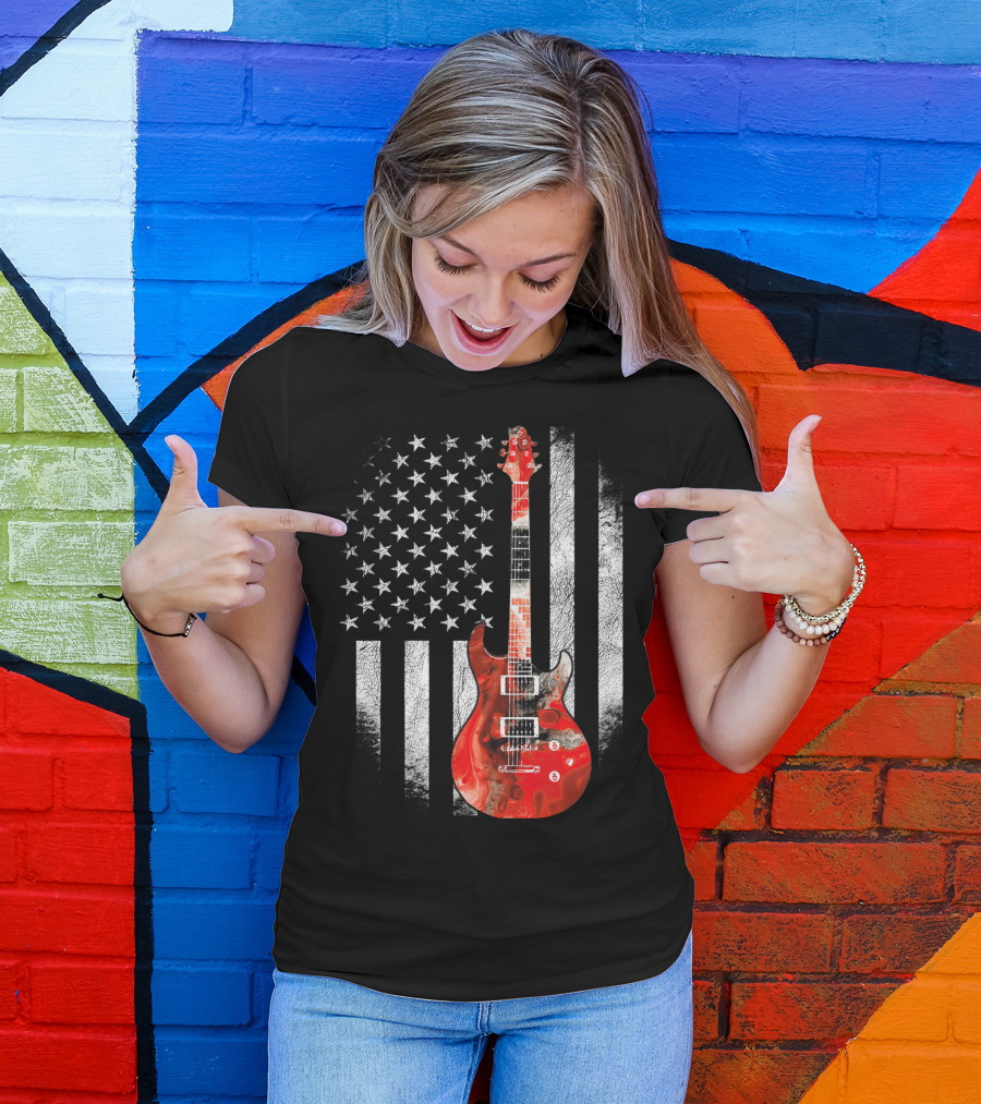 Guitar US Flag Rock Playable Patriotic Stars Stripes T-Shirt