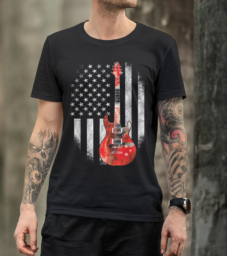Guitar US Flag Rock Playable Patriotic Stars Stripes T-Shirt