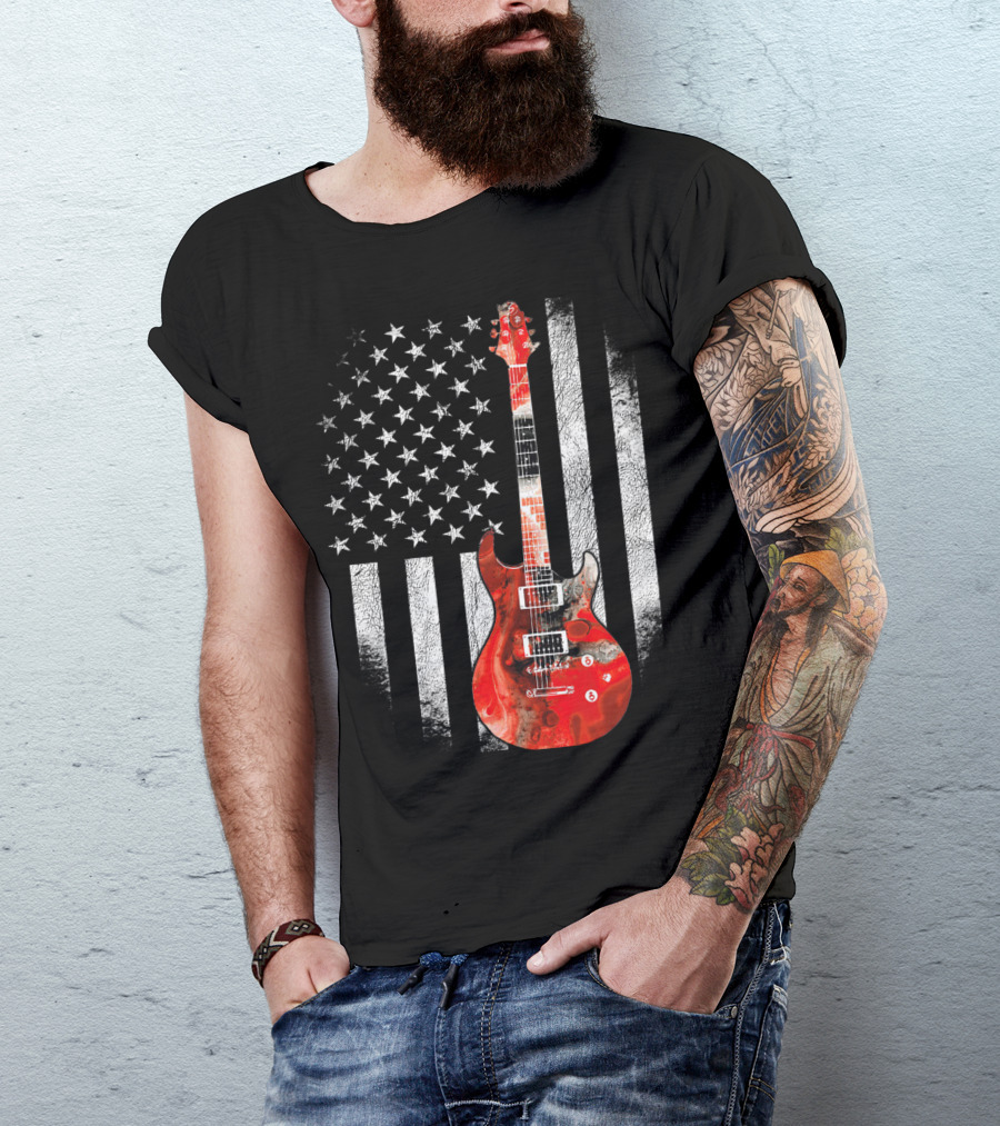 Guitar US Flag Rock Playable Patriotic Stars Stripes T-Shirt
