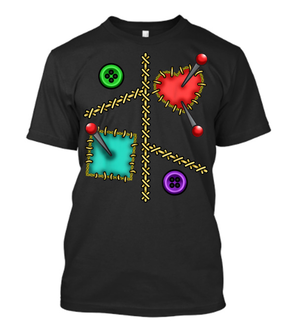 Halloween Voodoo Doll Heart Square Buttons Pins Stitching T-Shirt