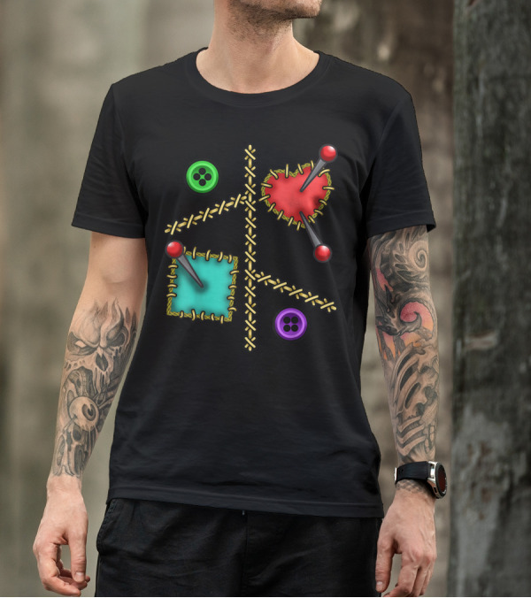 Halloween Voodoo Doll Heart Square Buttons Pins Stitching T-Shirt