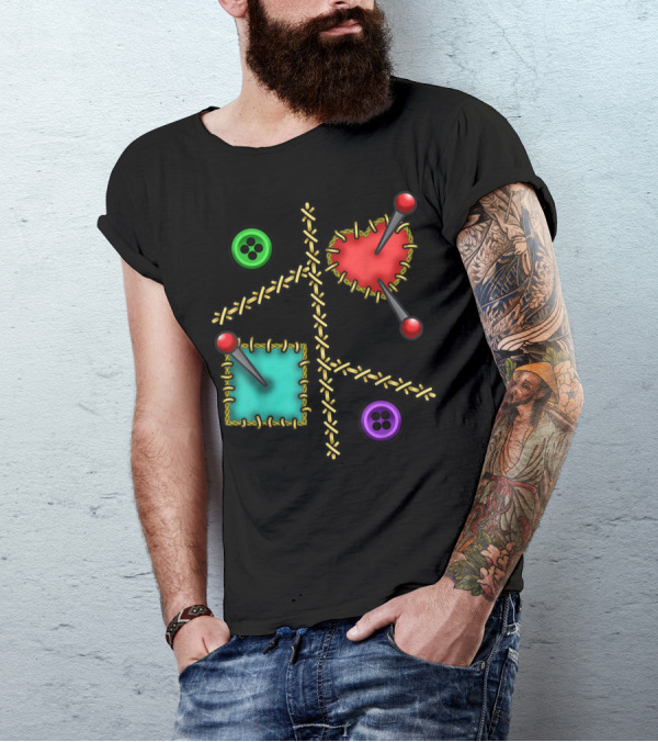Halloween Voodoo Doll Heart Square Buttons Pins Stitching T-Shirt