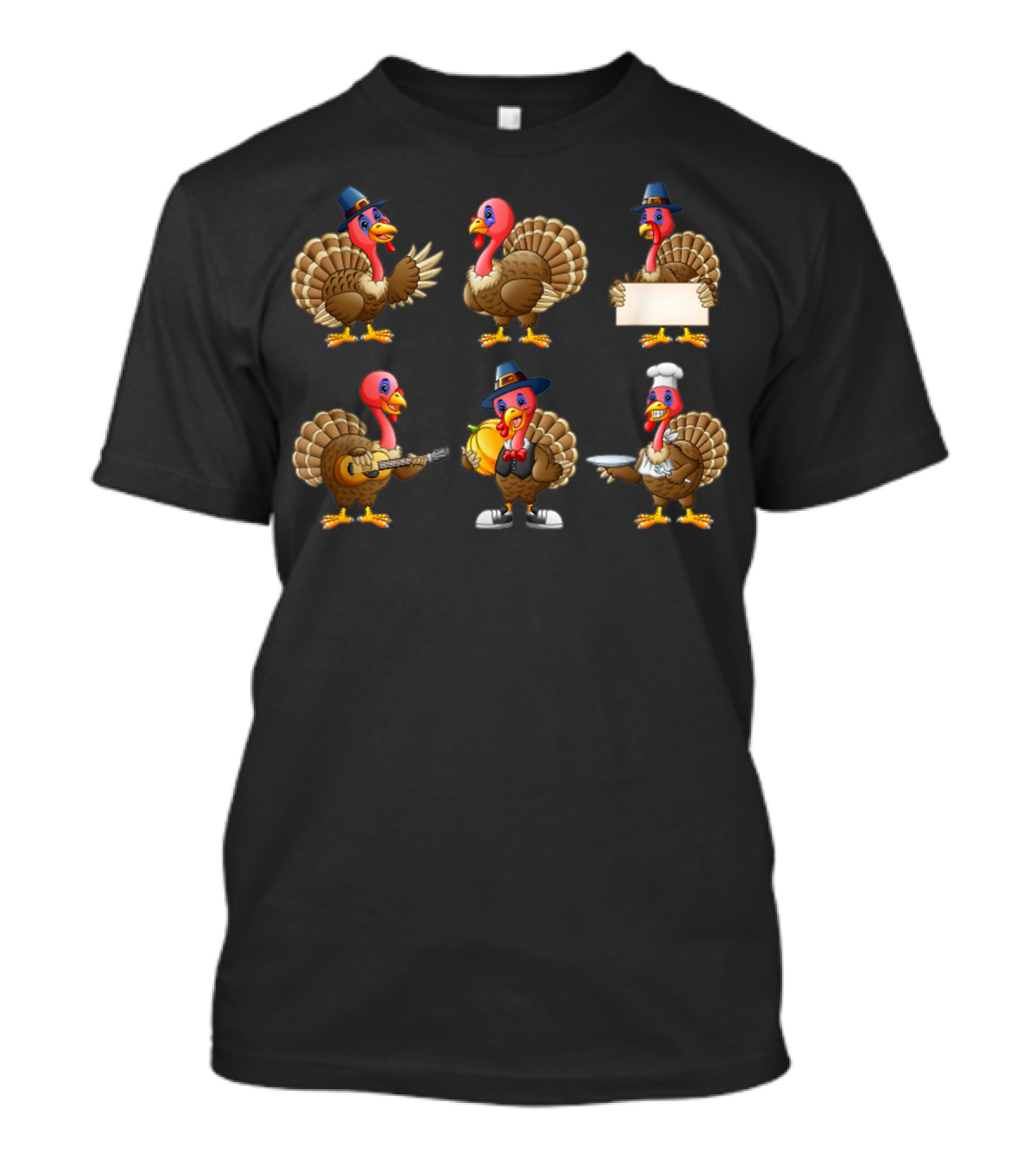 Happy Turkey Day Thanksgiving Pilgrim Turkeys Cooking And Playing Guitar T-Shirt