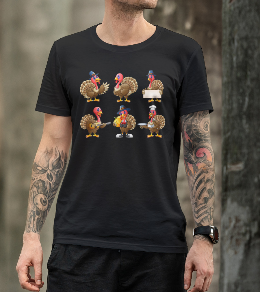 Happy Turkey Day Thanksgiving Pilgrim Turkeys Cooking And Playing Guitar T-Shirt