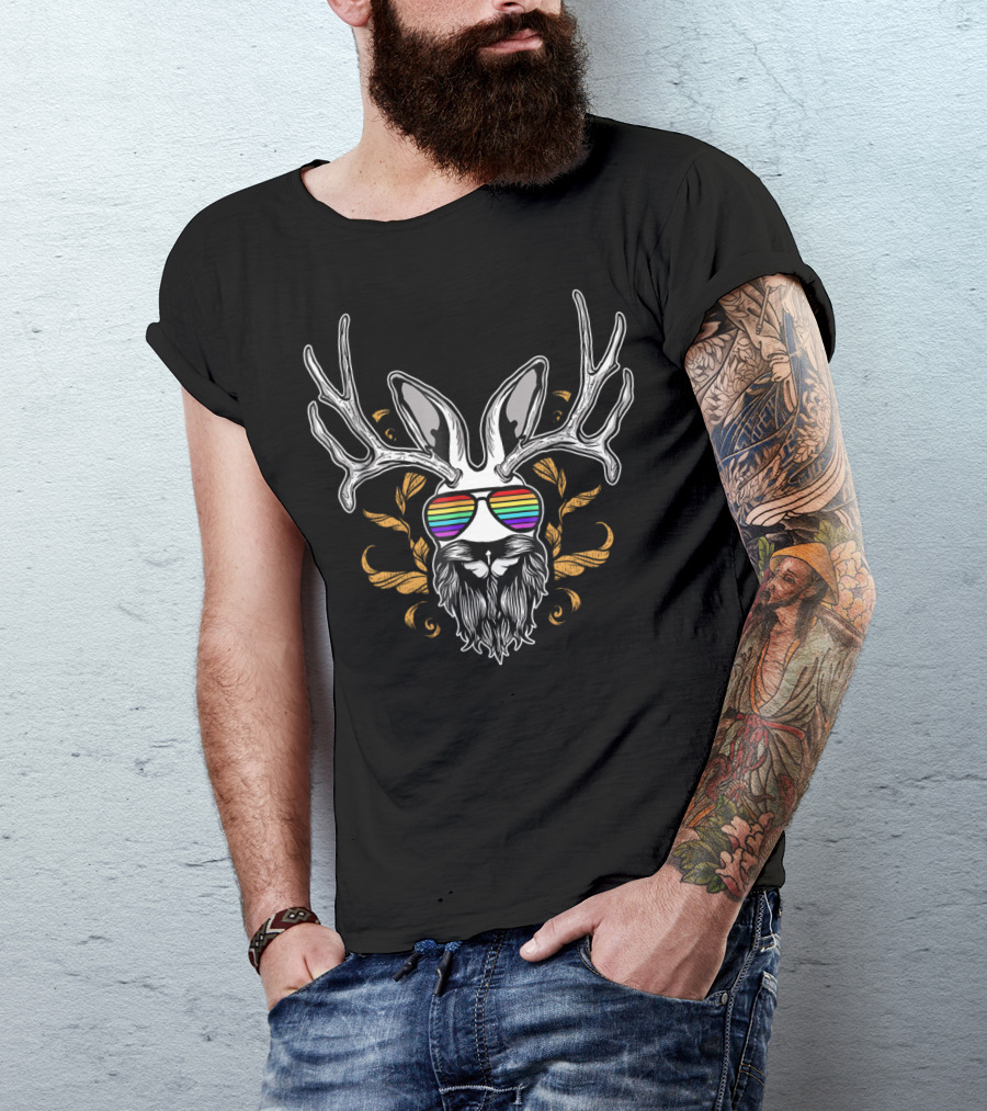 Jackalope Rainbow Sunglasses Cryptozoology Vintage Antlers T-Shirt