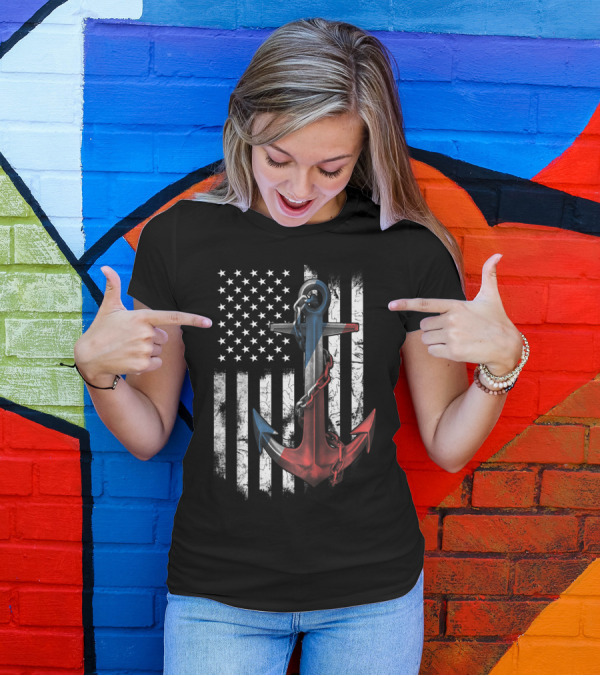 USCG Stripe Color Anchor American Flag Background T-Shirt