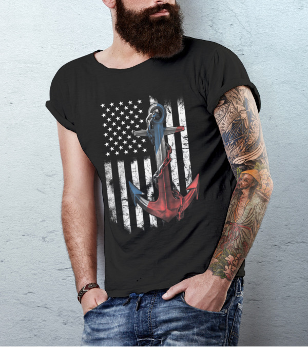 USCG Stripe Color Anchor American Flag Background T-Shirt