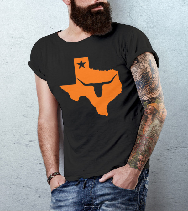 Longhorn Bull Texas State Outline With Lone Star T-Shirt