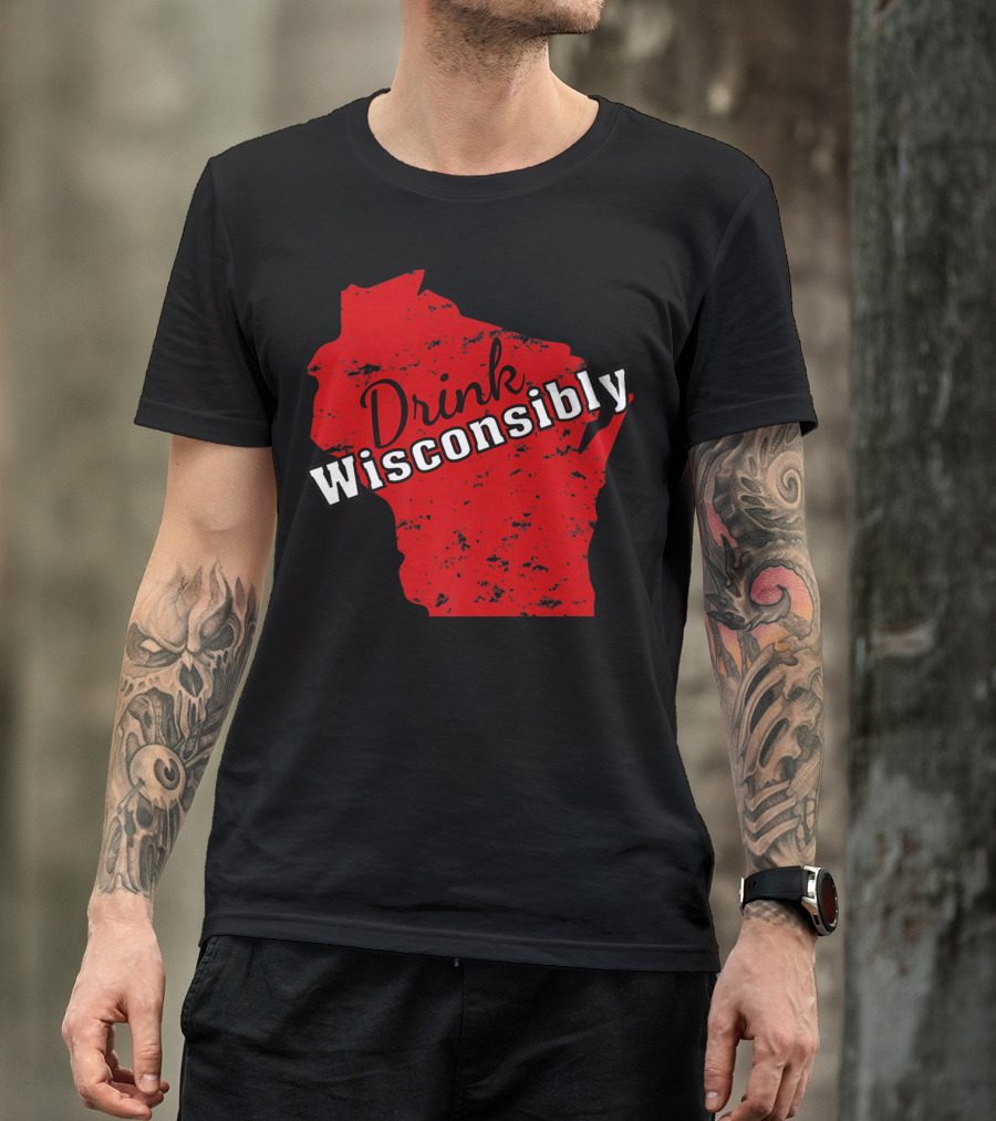 Drink Wisconsinably Wiscconsin Red Distressed Map T-Shirt