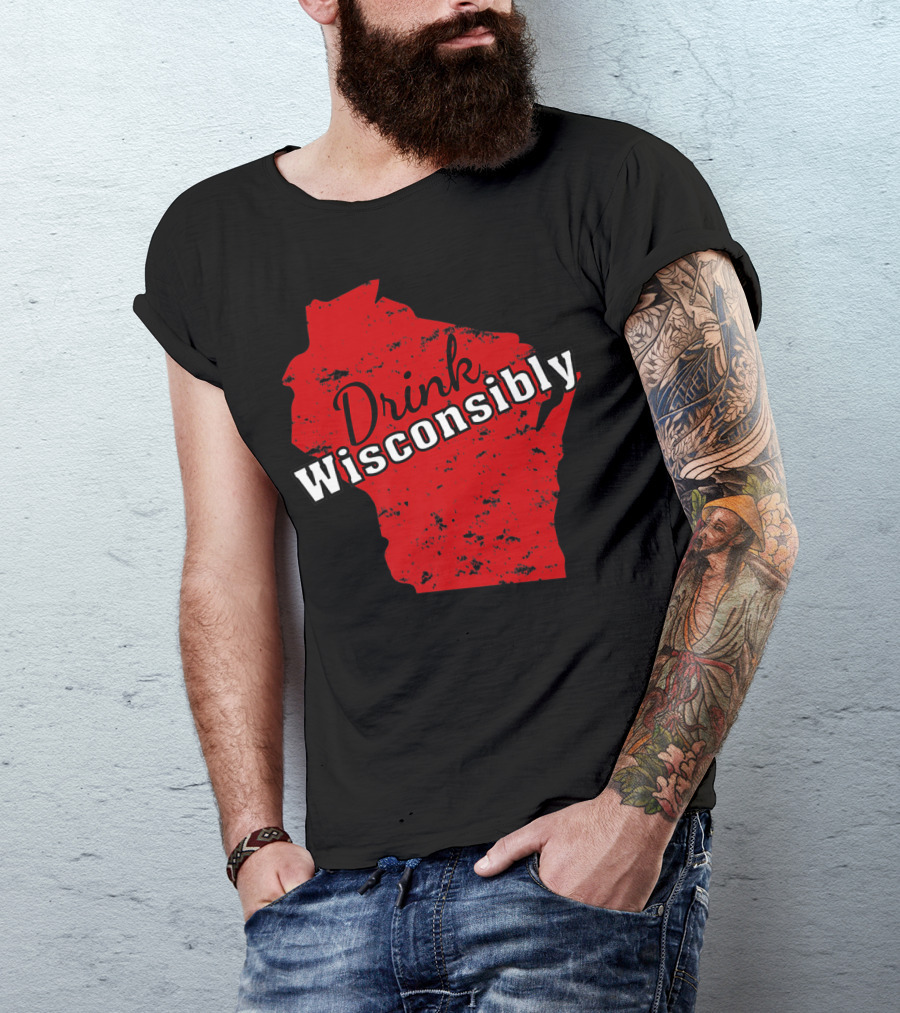 Drink Wisconsinably Wiscconsin Red Distressed Map T-Shirt